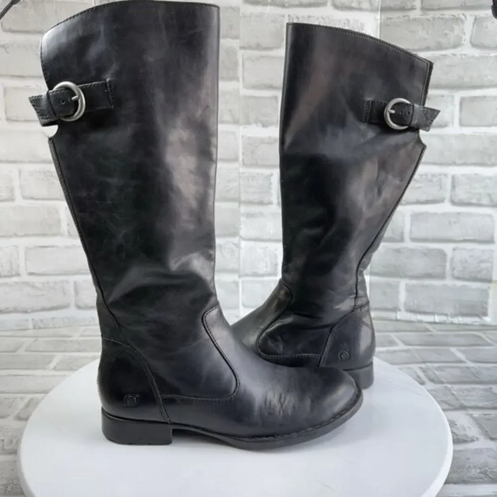 BORN Women's Size 7.5 Black Leather Knee High Side Zip Buckle Boots